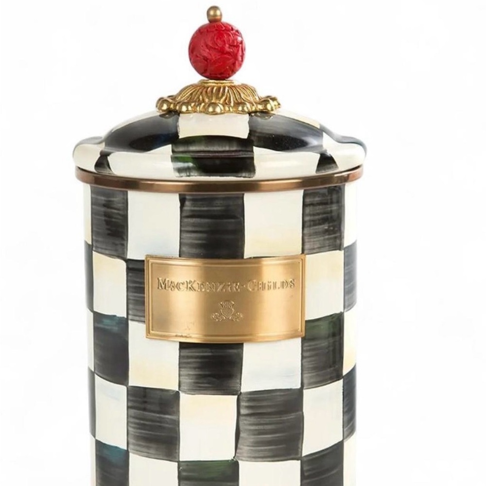 MacKenzie-Childs Black and White Checkered Canister with Red Knob SIZE MEDIUM
